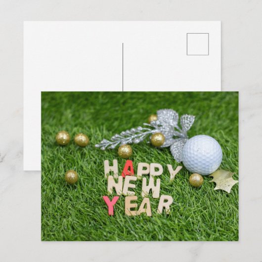 Golf ball Happy New year met zilverbladeren Briefkaart (Voorkant / Achterkant)