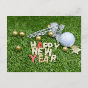 Golf ball Happy New year met zilverbladeren Briefkaart