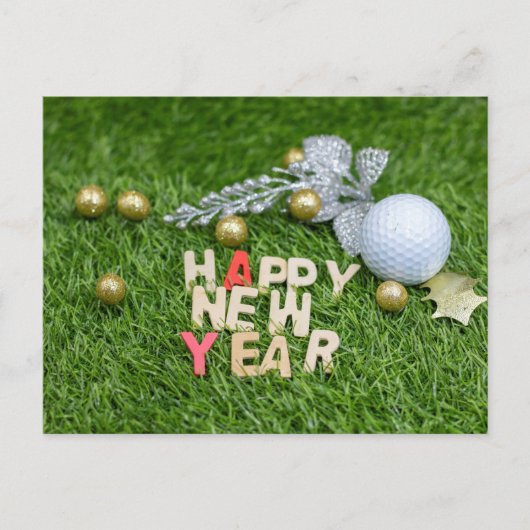 Golf ball Happy New year met zilverbladeren Briefkaart (Voorkant)