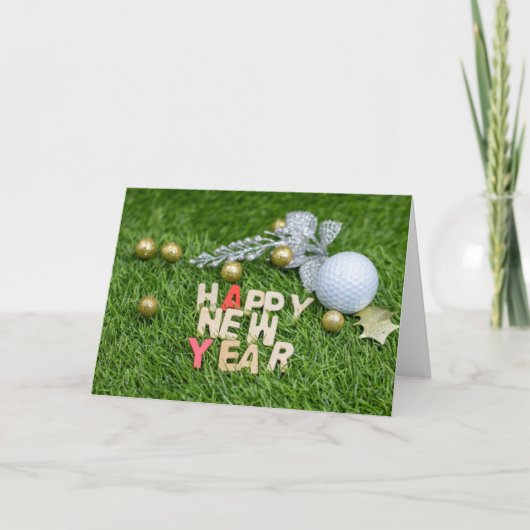 Golf ball Happy New year met zilverbladeren Kaart (Voorkant)