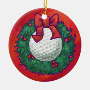 Golf Ball-kerstkreet op rood Keramisch Ornament