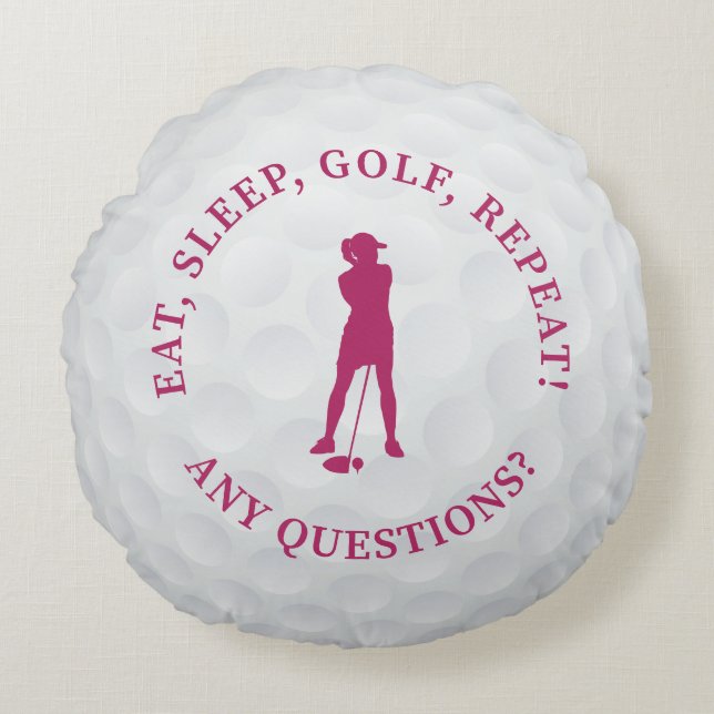Golf Ball Lady Golfer Silhouette Cute Custom Roze Rond Kussen (Voorkant)