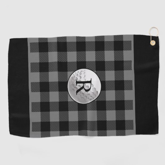 Golf ball monogrammed grey buffalo plaid custom golfhanddoek (Horizontaal)