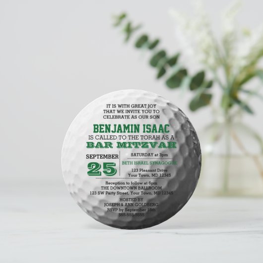 Golf Ball Ronde Bar Mitzvah Uitnodiging (Staand voorkant)
