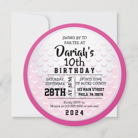 GOLF BALL ROUND PINK Birthday Party Invitation Kaart (Voorkant)