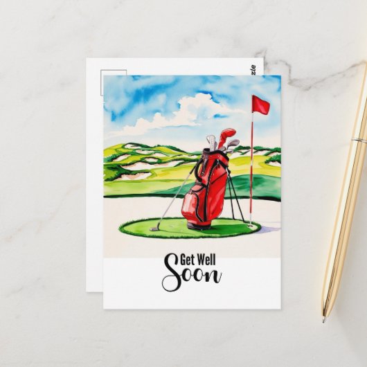 Golf beterschap met golftas op putting green briefkaart (Voorkant / Achterkant in situ)