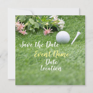 Golf bewaar de datum met golfbal en bloemen