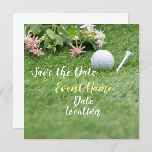 Golf bewaar de datum met golfbal en bloemen (Voorkant / Achterkant)