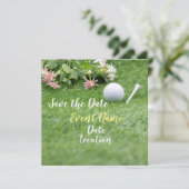 Golf bewaar de datum met golfbal en bloemen (Staand voorkant)