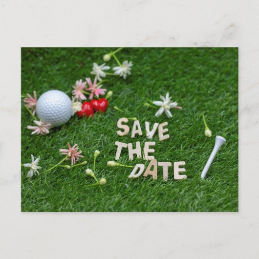 Golf Bewaar de datum met golfbal en bloemen Briefkaart (Voorkant)