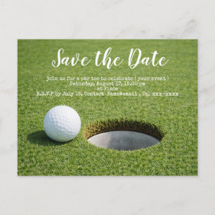 Golf bewaar de datum met golfbal en zandwig briefkaart