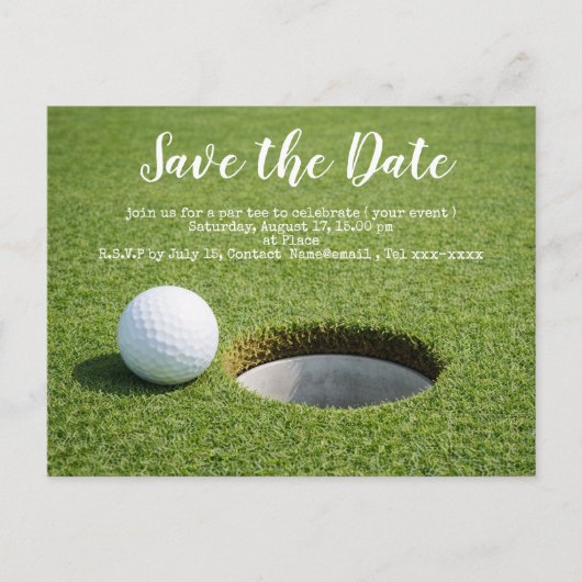 Golf bewaar de datum met golfbal en zandwig briefkaart (Voorkant)
