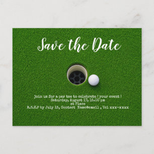 Golf bewaar de datum met golfbal naast hotel briefkaart