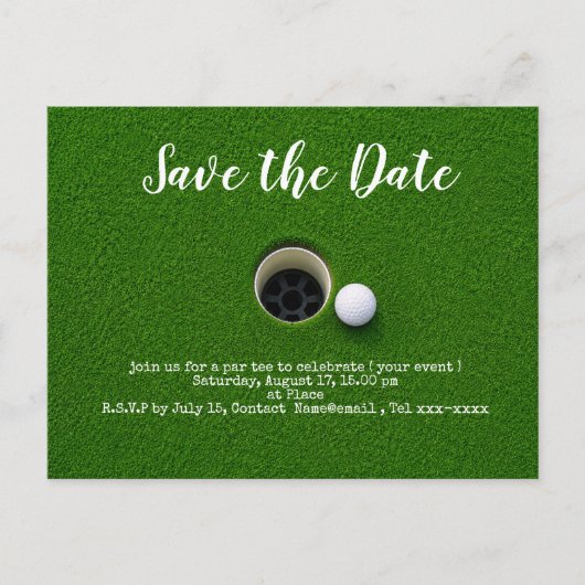 Golf bewaar de datum met golfbal naast hotel briefkaart (Voorkant)