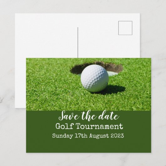 Golf Bewaar de datum met golfbal op groen Aankondigingskaart (Voorkant / Achterkant)