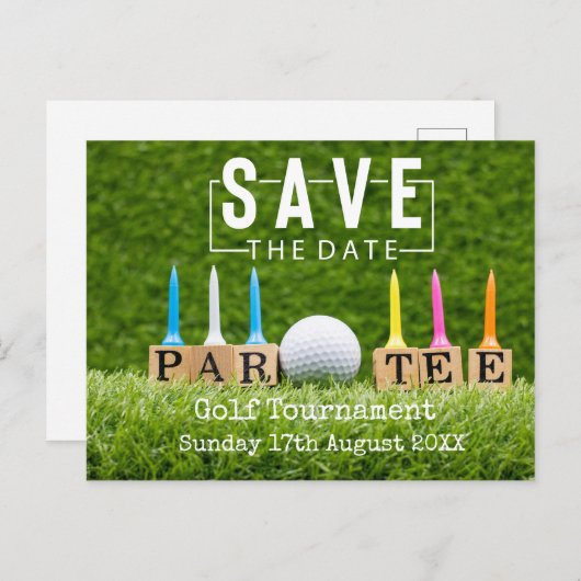 Golf Bewaar de datum met golfbal op groen Aankondigingskaart (Voorkant / Achterkant)