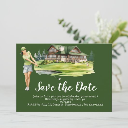 Golf bewaar de datum met vrouw golfer kaart (Staand voorkant)