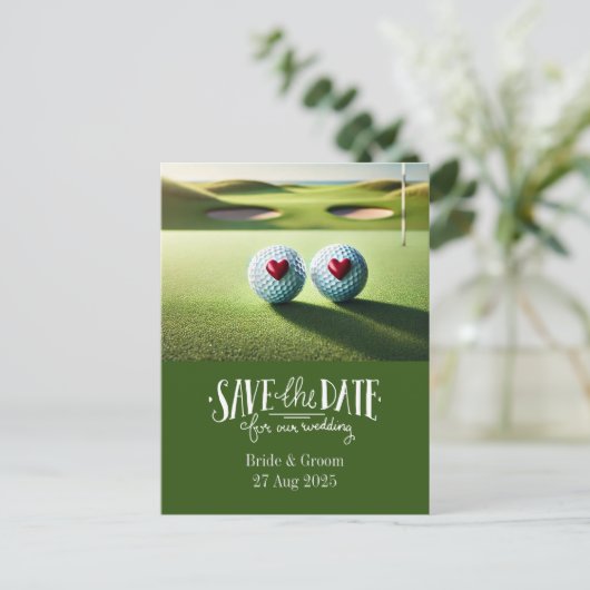 Golf bewaar de datum voor bruidsbruidegom briefkaart (Staand voorkant)