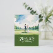 Golf bewaar de datum voor trouwdag bruid bruidegom briefkaart (Staand voorkant)
