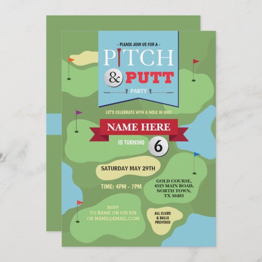Golf Birthday Pitch & Putt Fun Golfing Invitation Kaart (Voorkant / Achterkant)