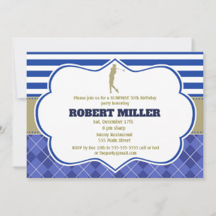 Golf Blue Gold Adult Birthday Invitation Kaart
