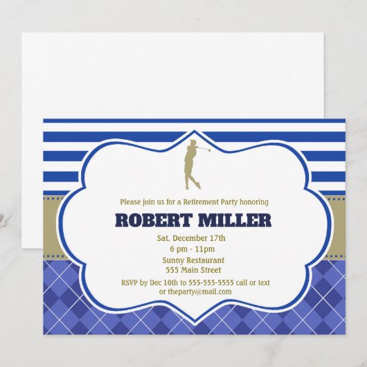 Golf Blue Gold Uitnodiging voor een pensioenfeest  (Voorkant / Achterkant)