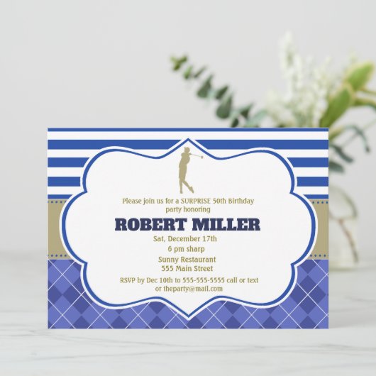 Golf Blue Gold Uitnodiging voor volwassen verjaard (Staand voorkant)
