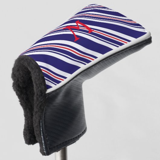 GOLF-Blue Stripe, Monogram Golf Putter Head Hoesje Golfheadcover (3/4 voorkant)