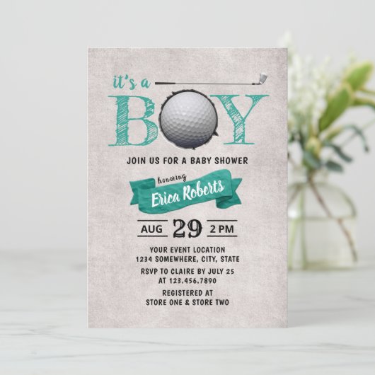 Golf Boy Baby shower Sport Thema Blauwgroen Kaart (Staand voorkant)