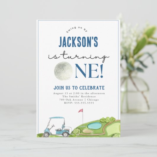 Golf Boy Eerste Verjaardag Uitnodiging (Staand voorkant)