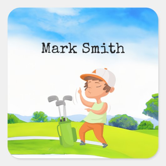 Golf boy golfer in de golfbaan vierkante sticker (Voorkant)