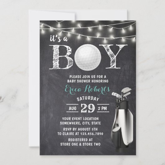 Golf Boy Rustic Chalkboard Baby shower Kaart (Voorkant)