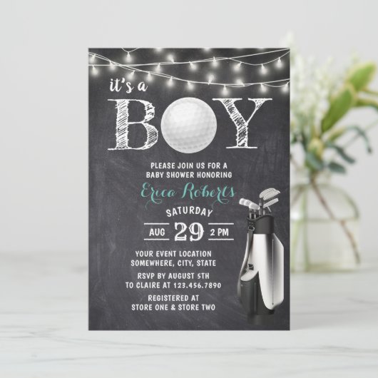 Golf Boy Rustic Chalkboard Baby shower Kaart (Staand voorkant)