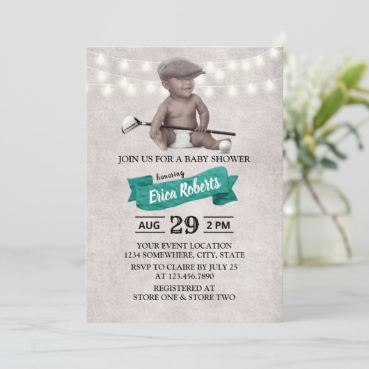  Golf Boy Sport Black Baby shower Kaart (Staand voorkant)