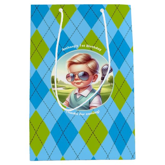 Golf Boy Verjaardagsfeestje Argyle Medium Cadeauzakje (Voorkant)