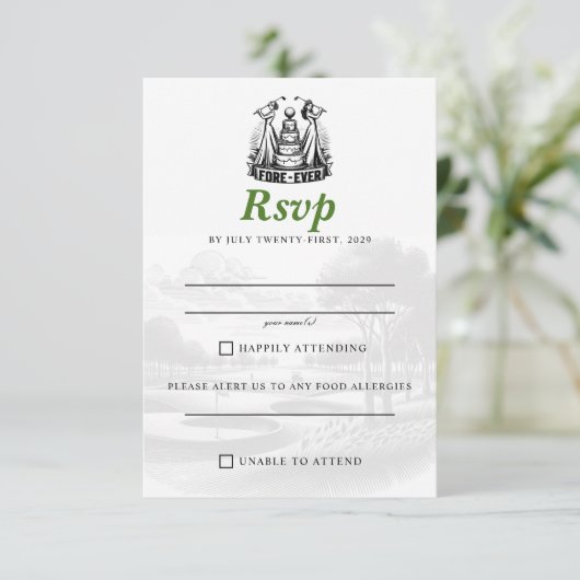 Golf bruiden bruiloft RSVP kaartje (Staand voorkant)