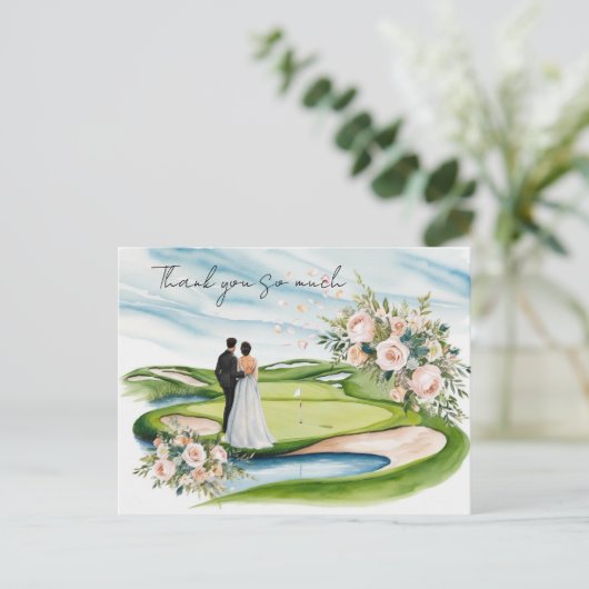 Golf bruiloft bedankkaart golfbaan aquarel briefkaart (Staand voorkant)