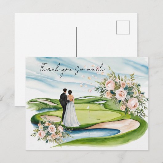 Golf bruiloft bedankkaart golfbaan aquarel briefkaart (Voorkant / Achterkant)