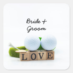 Golf bruiloft bruidegom golfbal t-shirt met liefde vierkante sticker