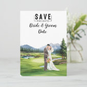 Golf Bruiloft met bruid en bruidegom bij clubhuis Kaart (Staand voorkant)