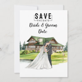 Golf Bruiloft met bruid en bruidegom bij clubhuis Kaart