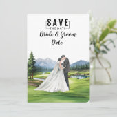 Golf Bruiloft met bruid en bruidegom bij clubhuis Kaart (Staand voorkant)