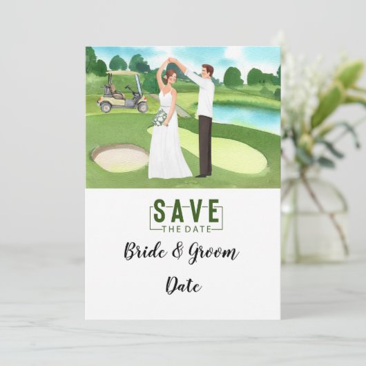 Golf Bruiloft met bruid en bruidegom bij clubhuis Kaart (Staand voorkant)