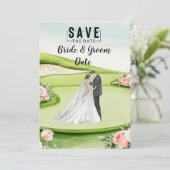 Golf bruiloft met bruid en bruidegom op groen kaart (Staand voorkant)