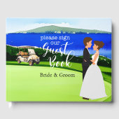 Golf bruiloft met bruid en bruidegom op groene gol gastenboek (Voorkant)