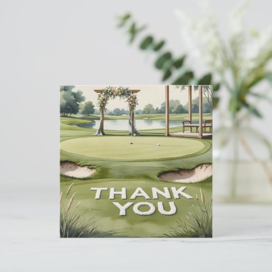 Golf bruiloft met tekst op de golfbaan bedankkaart (Staand voorkant)