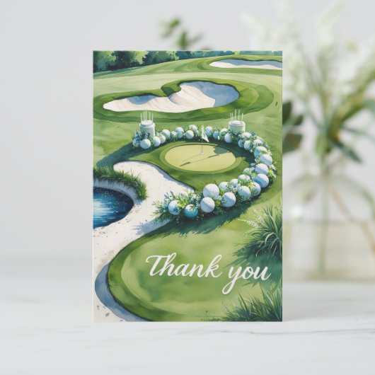 Golf bruiloft met tekst op de golfbaan bedankkaart (Staand voorkant)