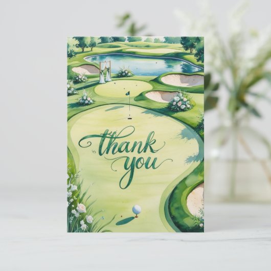 Golf bruiloft met tekst op de golfbaan bedankkaart (Staand voorkant)