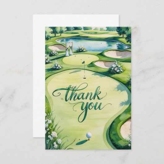 Golf bruiloft met tekst op de golfbaan bedankkaart (Voorkant / Achterkant)