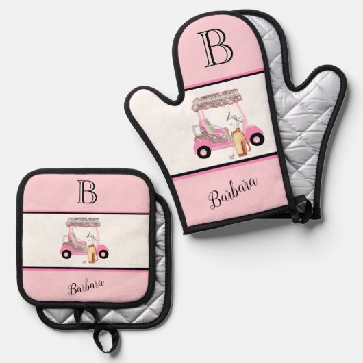 Golf Cart Clubs Monogram Naam Ovenwant & Pannenlap Set (Voorkant / Achterkant)